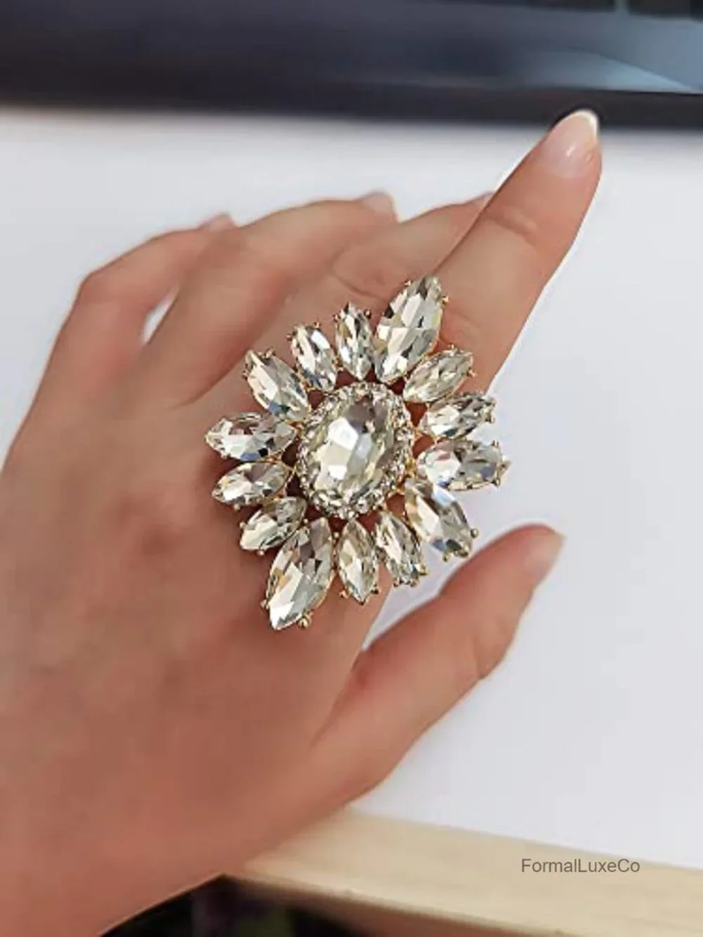 Cubic Zirconia Cluster Statement Ring Adjustable Open Band Wrap Vintage Style